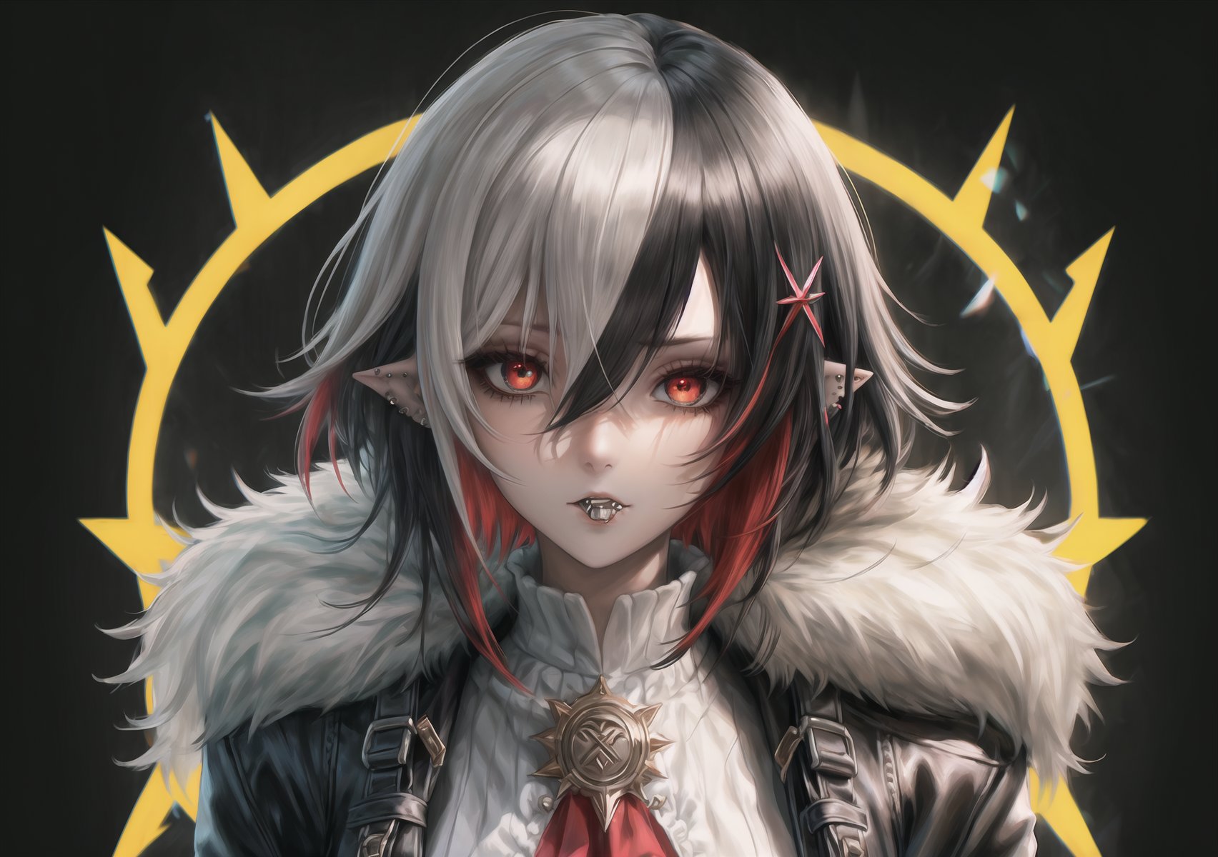 1 girl, black_eyes, coat, piercing_ears, fur coat, clipped feet, gloves, hair_between_eyes, high resolution, multicolored_hair, red_pupils, short_hair, side bangs, solo, highlighted_hair, two_tone_hair, white_gloves, white_hair, x-shaped_pupils, black_hair, blurred , brooch, cloak, dark_background, depth_of_field, fur-trimmed coat, fur trim, hair_between_eyes, high-res, jewelry, looking_at_viewer, multicolored_hair, portrait, red_eyes, shorthair, solo, streaked_hair, symbol_pupils, two-tone_hair, white_coat, white_hair, x-shaped_pupils