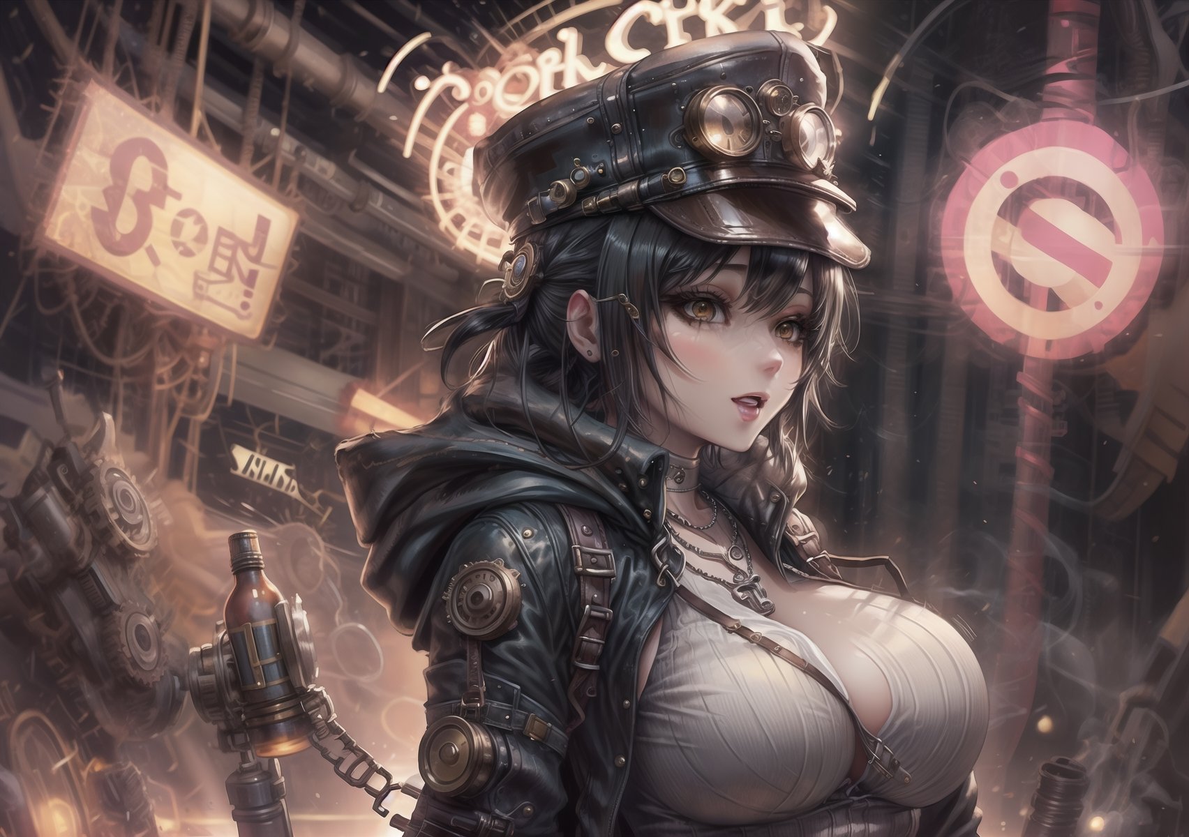 Masterpiece, Best quality, High resolution, Voluptuous woman, city, night, neon lights, club, Only woman, Curves, Masterpiece, Big breasts, cheerful expression, hooded jacket, t-shirt, black hair, torturous happiness, background steampunk city, necklace, brown eyes, long hair, dynamic pose, ripped pants, dynamic view, cap, profile, soda, boots