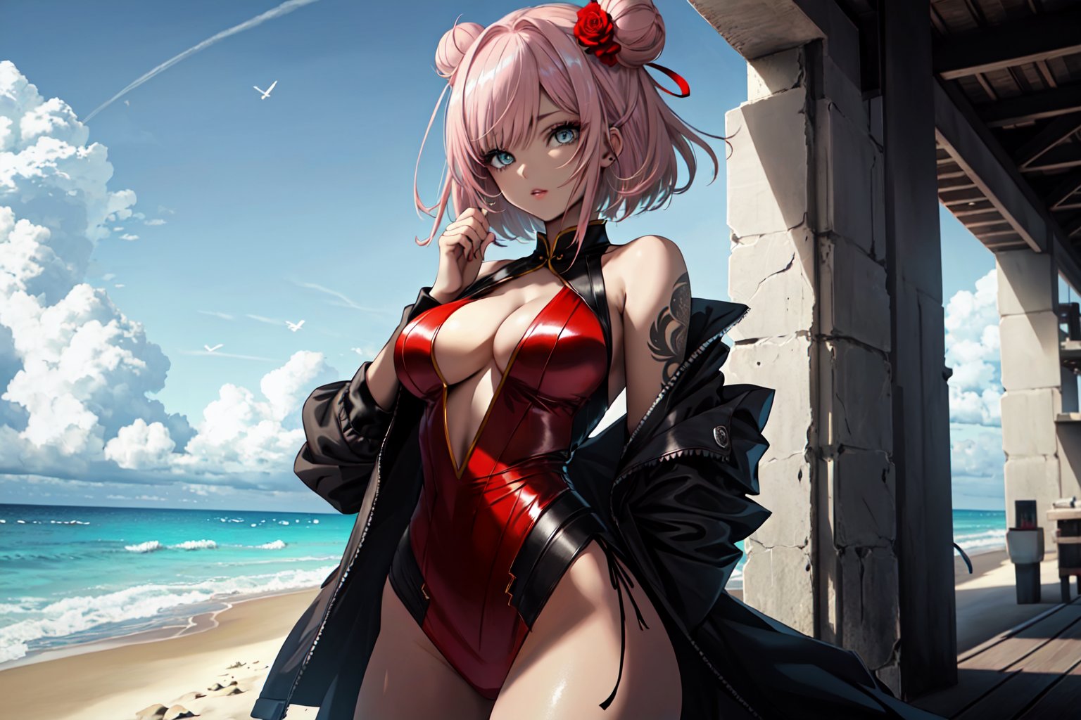 A voluptuous woman, light pink hair with white streaks in her hair, short hair, blue eyes, thighs, only 2 hands with 5 fingers on each hand, only 2 legs with 5 fingers on each leg, wet body, alone, outdoors , beach, large green and black jacket, bare shoulders, hair in two buns, red china suit, gold drawings on all clothing, tattoos, (extremely detailed CG unity 8k wallpaper), (masterpiece), (best quality), (ultra-detailed), (best illustration),(best shadow), (an extremely delicate and beautiful), fine detail, (bloom), (shine),  Beautiful, detailed eyes, (waifu, anime, exceptional, best aesthetic, new, newest, best quality, masterpiece, extremely detailed)