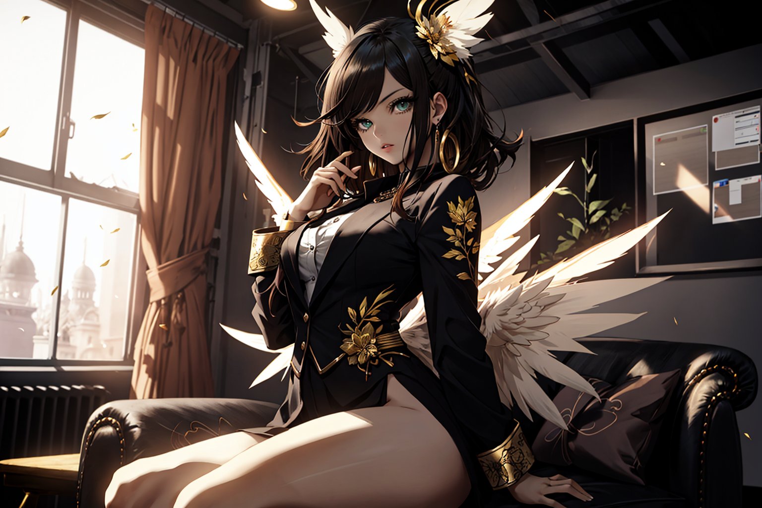 A voluptuous woman, light black hair with deep brown streaks in her hair, long hair, punk hair, earth-colored eyes, thighs, only 2 hands with 5 fingers on each hand, only 2 legs with 5 fingers on each leg, dirty body , alone, brown office shirt, short large black jacket with green details, gold and jade jewelry, formal brown short-sleeved suit, green tattoos all over the body, large brown angel wings, (extremely detailed CG unity 8k wallpaper), (masterpiece), (best quality), (ultra-detailed), (best illustration),(best shadow), (an extremely delicate and beautiful), fine detail, (bloom), (shine),  Beautiful, detailed eyes, (waifu, anime, exceptional, best aesthetic, new, newest, best quality, masterpiece, extremely detailed)