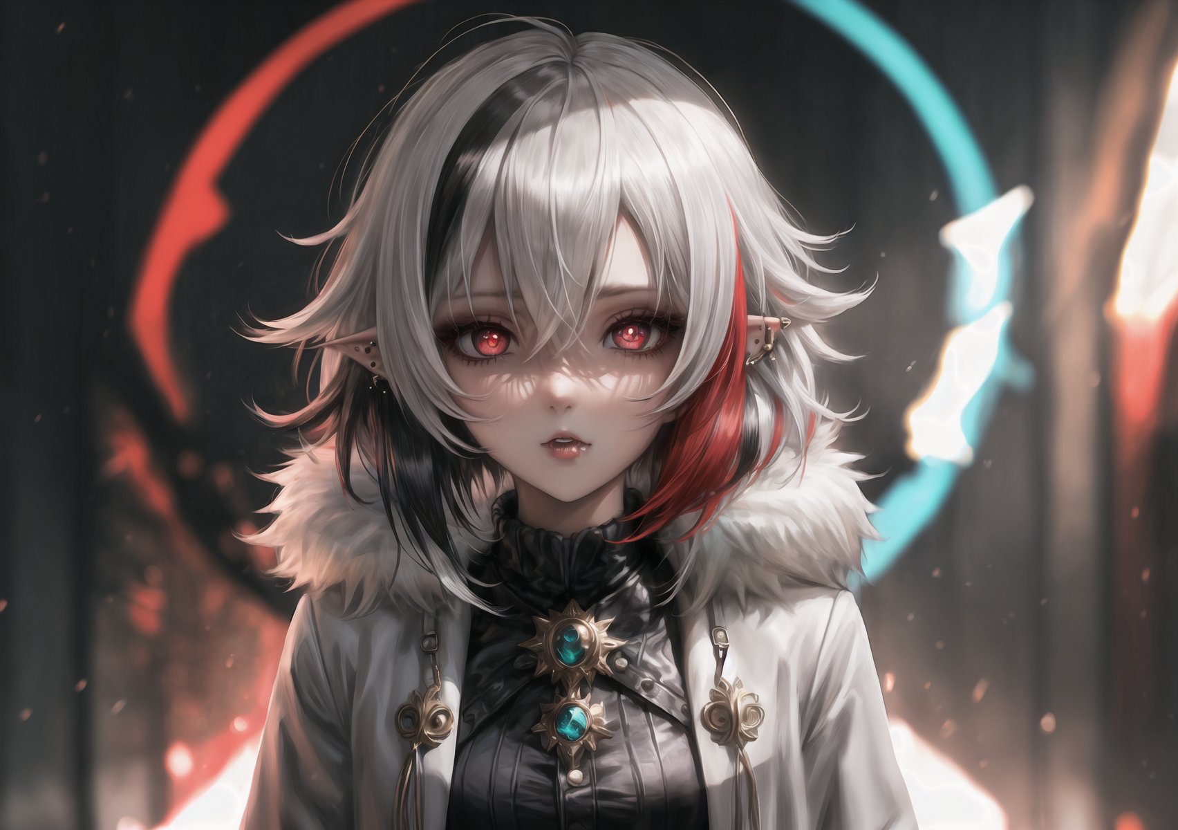 1 girl, black_eyes, coat, piercing_ears, fur coat, clipped feet, gloves, hair_between_eyes, high resolution, multicolored_hair, red_pupils, short_hair, side bangs, solo, highlighted_hair, two_tone_hair, white_gloves, white_hair, x-shaped_pupils, black_hair, blurred , brooch, cloak, dark_background, depth_of_field, fur-trimmed coat, fur trim, hair_between_eyes, high-res, jewelry, looking_at_viewer, multicolored_hair, portrait, red_eyes, shorthair, solo, streaked_hair, symbol_pupils, two-tone_hair, white_coat, white_hair, X_shaped pupils, full body