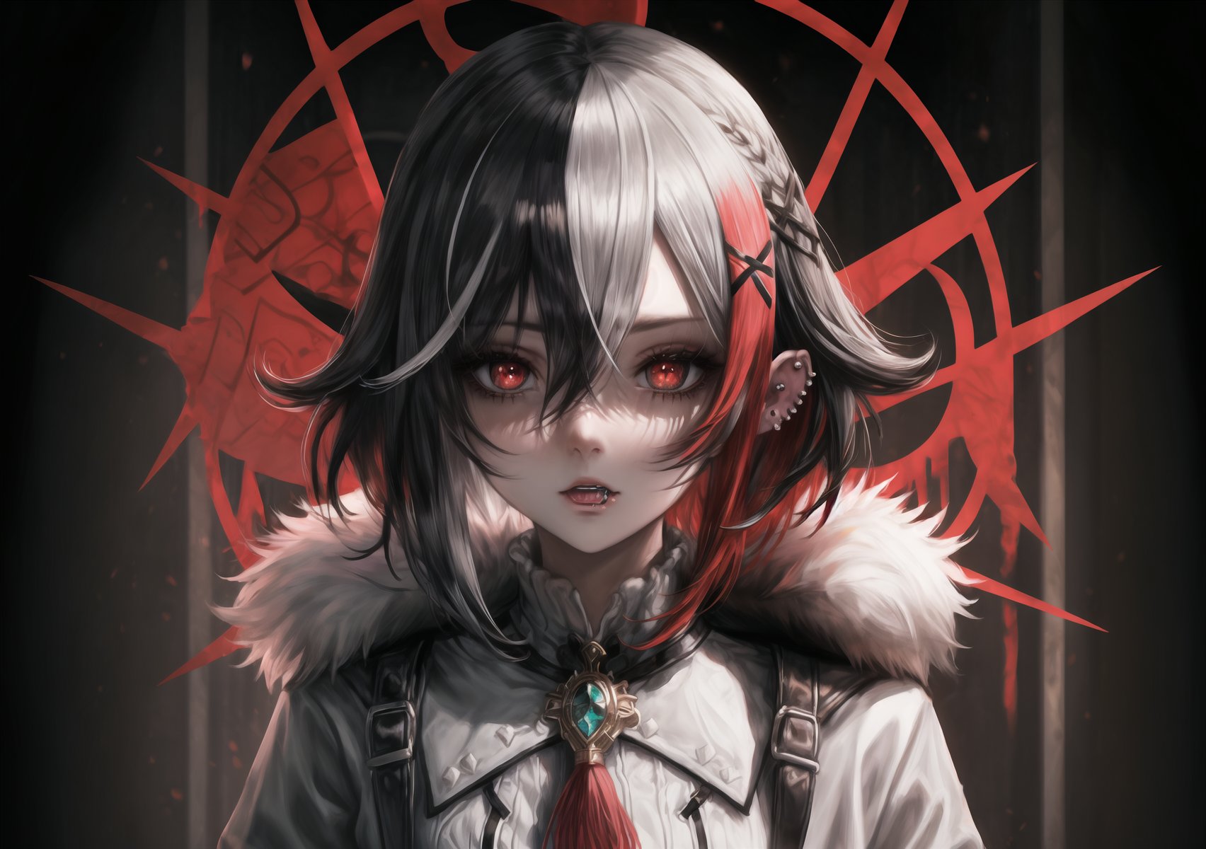 1 girl, black_eyes, coat, piercing_ears, fur coat, clipped feet, gloves, hair_between_eyes, high resolution, multicolored_hair, red_pupils, short_hair, side bangs, solo, highlighted_hair, two_tone_hair, white_gloves, white_hair, x-shaped_pupils, black_hair, blurred , brooch, cloak, dark_background, depth_of_field, fur-trimmed coat, fur trim, hair_between_eyes, high-res, jewelry, looking_at_viewer, multicolored_hair, portrait, red_eyes, shorthair, solo, streaked_hair, symbol_pupils, two-tone_hair, white_coat, white_hair, x-shaped_pupils,perfecteyes