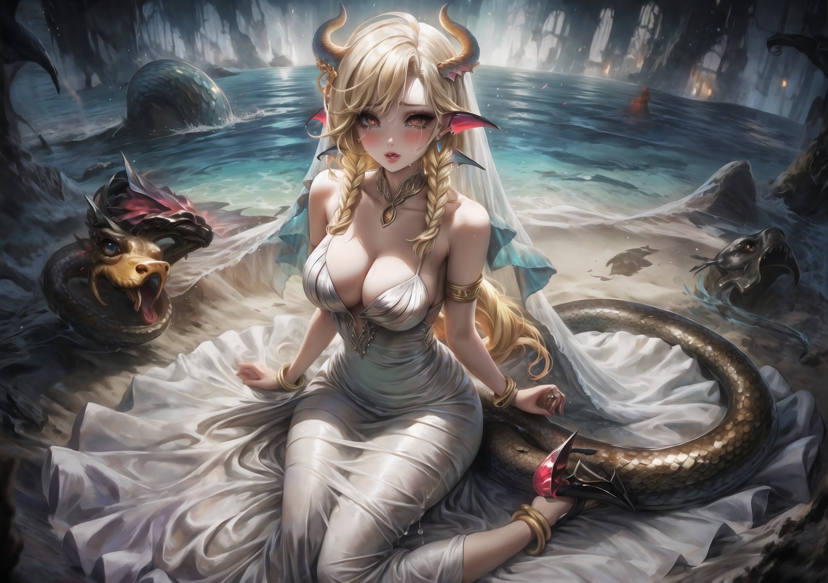 a girl, blonde hair, long hair, snake braid and reverse braids, voluptuous, big breasts, demon eyes, vermilion eyes, eyeliner, blush, crimson lips, mermaid ears, earrings, charms, rings, bracelets, cold silk dress, white dress, wedding dress, sitting, sitting on the sand, noble, night, crying, high heels