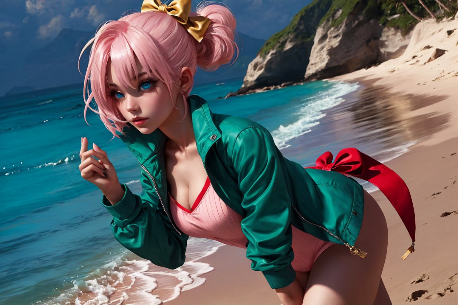 A voluptuous woman, light pink hair with white streaks in her hair, short hair, blue eyes, thighs, only 2 hands with 5 fingers on each hand, only 2 legs with 5 fingers on each leg, wet body, alone, outdoors , beach , green jacket, bare shoulders, hair in two buns, twin golden bows, red Chinese porcelain suit, gold writing on all clothes, (extremely detailed CG unity 8k wallpaper), (masterpiece), (best quality), (ultra-detailed), (best illustration),(best shadow), (an extremely delicate and beautiful), fine detail, (bloom), (shine),  Beautiful, detailed eyes, (waifu, anime, exceptional, best aesthetic, new, newest, best quality, masterpiece, extremely detailed)