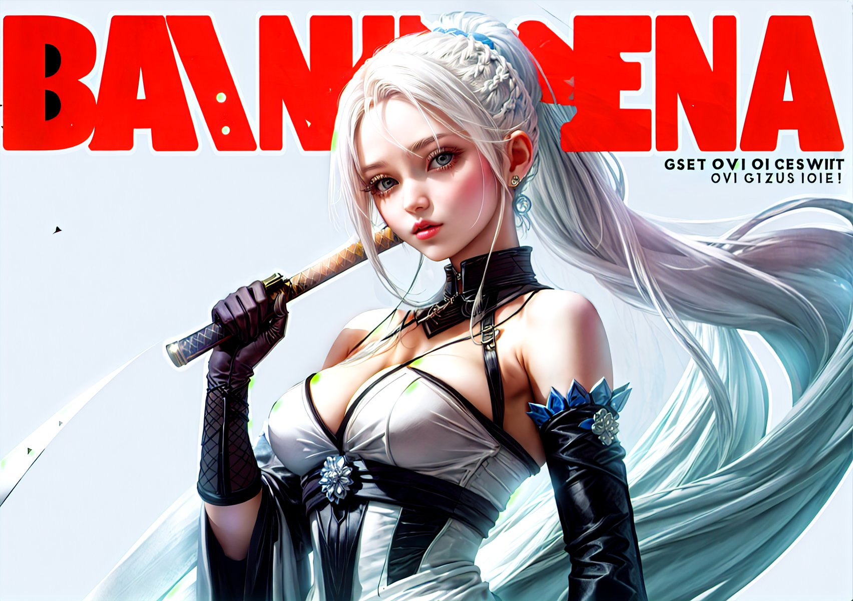 magazine cover, lots of english text, magazine view, 1 girl, saki fuwa (tower of fantasy), white ice crystal double katanas, white elbow gloves, bare shoulders, white clothing, brown eyes, long white hair , white big breasts, braid, white official alternate costume, ponytail, white white roses background, blue background, very long white hair, solo, white dresses, white gloves, white hair, only white clothes