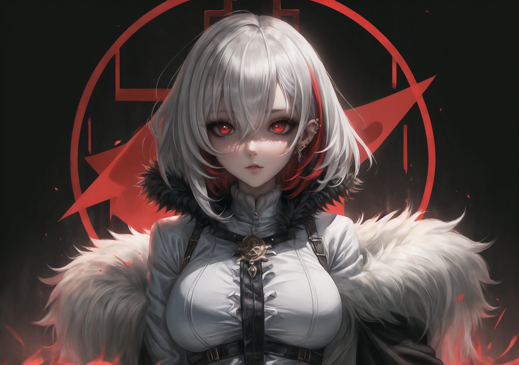 1 voluptuous woman, big breasts, coat, piercing_ears, fur coat, gloves, hair_between_eyes, high resolution, multicolored_hair, red_pupils, short_hair, side bangs, solo, highlighted_hair, two_tone_hair, white_gloves, white_hair, x-shaped_pupils, black_hair, blurred, brooch, cloak, dark_background, depth_of_field, fur-trimmed coat, fur trim, hair_between_eyes, hi-res, jewellery, looking_at_viewer, multicolored_hair, portrait, red_eyes, short_hair, single, streaked_hair, symbol_shaped_pupils, bicolor_hair, white_coat, white_hair , black eyes, full body, sitting, contact lenses with red x