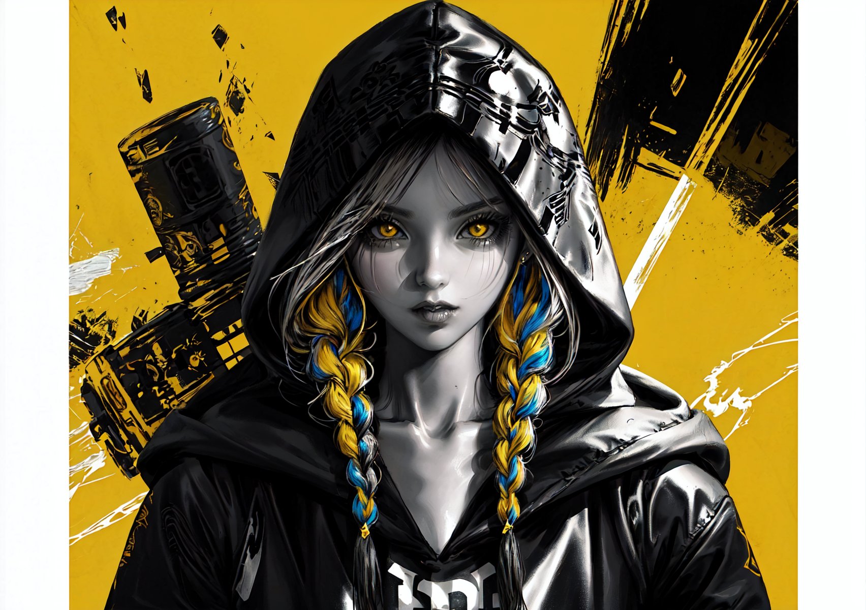 masterpiece, top quality, best quality, official art, beautiful and aesthetic, 1 woman, extremely detailed, colorful, most detailed, ppcp, monochrome black, yellow, dynamic pose, braids, hood,