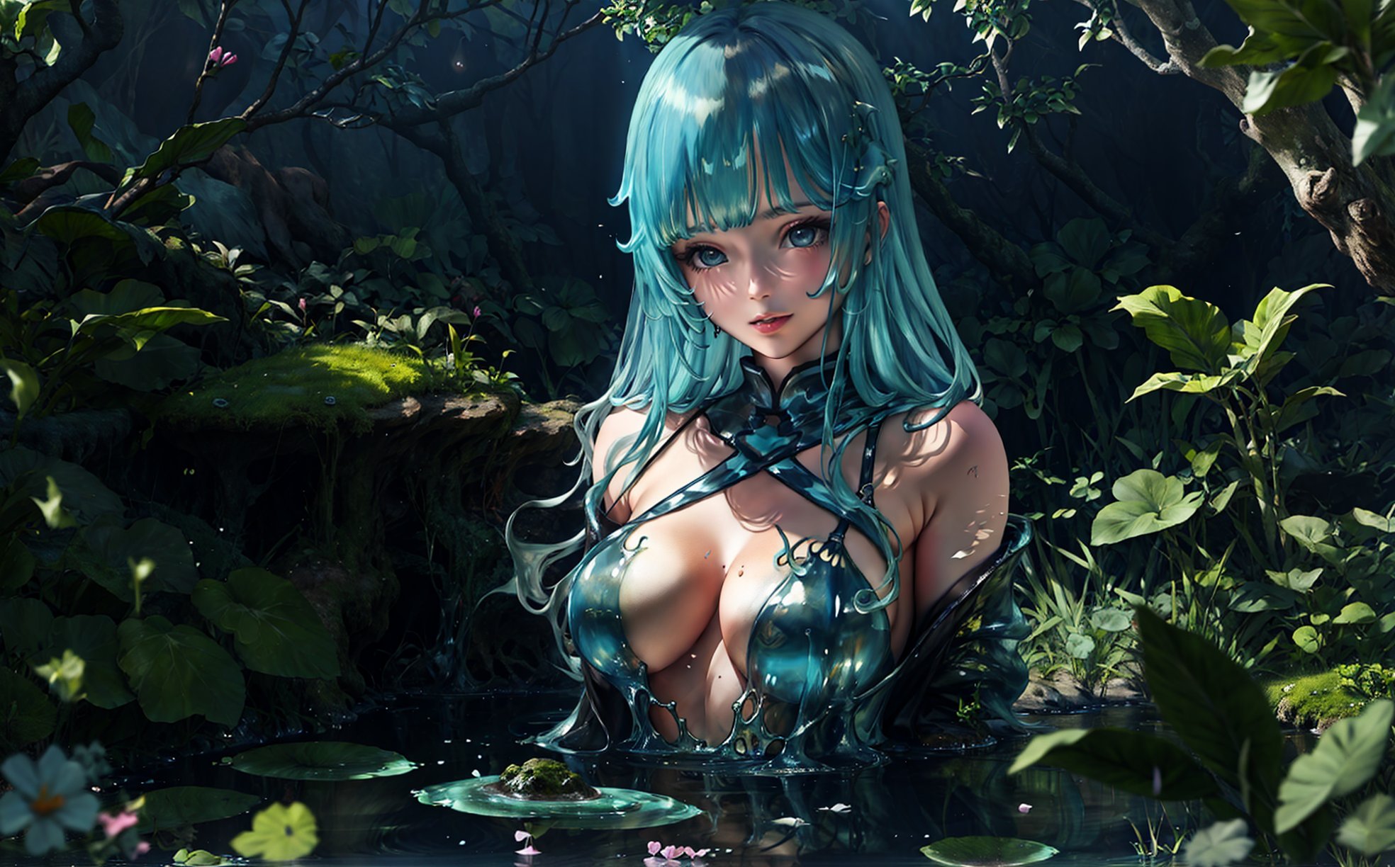 a slime woman, water clothing, painted body, in the water