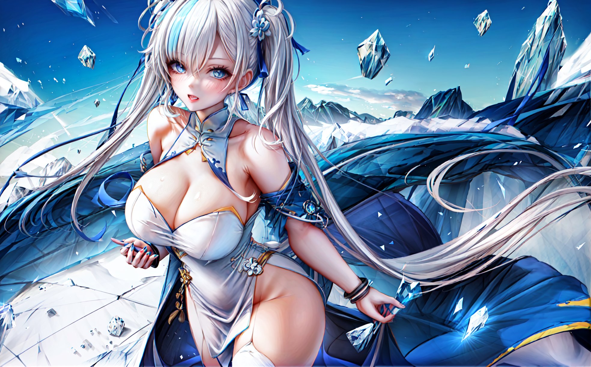 1 voluptuous woman, alone, very long hair, blue elbow bracelets, fabric bracelets, bare shoulders, white neckline, cropped clothing, belts, white multi-color hair, short light blue streaks, blue bow, 1 low ponytail, pigtails right-facing twin girls, traditional Chinese hairstyle, multicolored dress, blue-white porcelain dress, light blue eyes, ice, alone, looking at viewer, icy air, white thighs, strapless dress, very long hair, ice ornaments on her hair, ice details, walking, crystal cave, big breasts