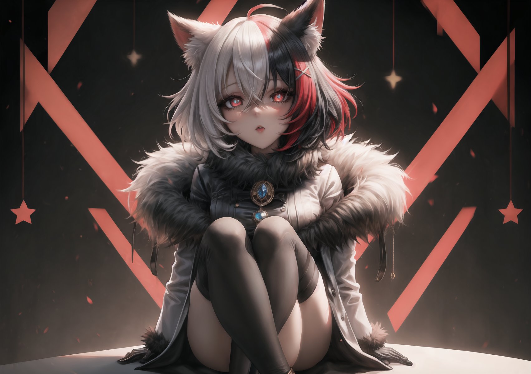 1 curvy woman, black_eyes, coat, piercing_ears, fur coat, clipped feet, gloves, hair_between_eyes, high resolution, multicolored_hair, red_pupils, short_hair, side bangs, solo, highlighted_hair, two_tone_hair, white_gloves, white_hair, x-shaped_pupils, black_hair, blurred, brooch, cloak, dark_background, depth_of_field, fur-trimmed_coat, fur_trimming, hair_between_eyes, hires, jewellery, looking_at_viewer, multicolored_hair, portrait, red_eyes, short_hair, solo, short_hair, symbol_shaped_pupils, bicolor_hair, white_coat , white_hair, X-shaped pupils, full body, sitting, feet up on a table