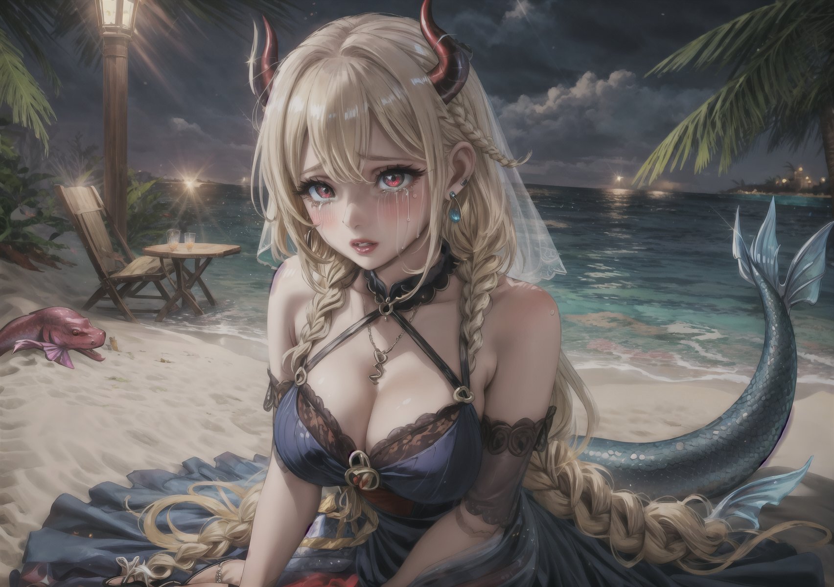 a girl, blonde hair, long hair, snake braid and reverse braids, voluptuous, big breasts, demon eyes, vermilion eyes, eyeliner, blush, crimson lips, mermaid ears, earrings, charms, rings, bracelets, cold silk dress, white dress, wedding dress, sitting, sitting on the sand, noble, night, crying, high heels