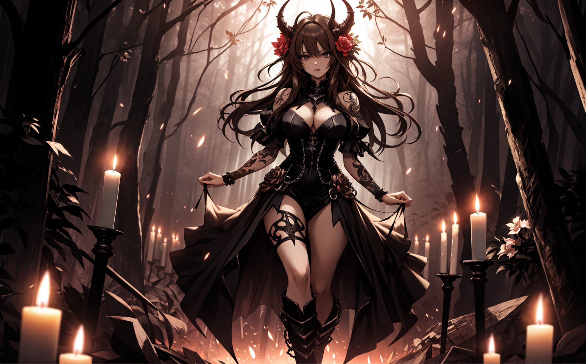 A voluptuous devil woman, light brown eyes, looking towards the viewer, very messy hair, dark black hair, very long hair, very loose hair, thighs, only 2 hands with 5 fingers on each hand, only 2 legs with 5 fingers on each leg, dirty body, alone, tattoos all over the body, walking, outdoors, night, dark night forest, chains all over the body, rusty chains, broken chains, many chains, several horns, big hips and breasts, dark flowers , candles,  (extremely detailed CG unity 8k wallpaper), (masterpiece), (best quality), (ultra-detailed), (best illustration),(best shadow), (an extremely delicate and beautiful), fine detail, (bloom), (shine),  Beautiful, detailed eyes, (waifu, anime, exceptional, best aesthetic, new, newest, best quality, masterpiece, extremely detailed)