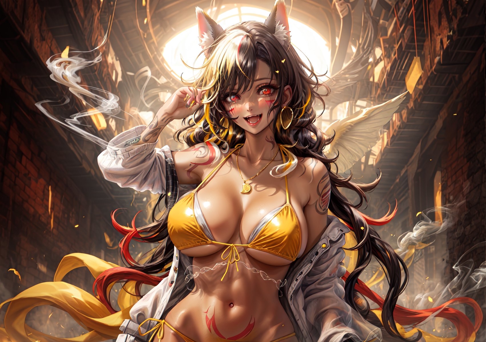 Masterpiece, Best quality, High resolution, voluptuous woman, treasure cave, Only woman, Curves, Masterpiece, big breasts, happy expression, broken tattoos, white and yellow streaked hair, curly tied hair, tortuous pain, gold necklace , pale pink eyes, long hair, happy pose, yellow and white animal ears, blushing skin, navel, gold earrings, two-tone white and yellow bikini, tanned skin, demonic marks, corruption, smoke everywhere, white sneakers, bikini with yellow bows,monochrome