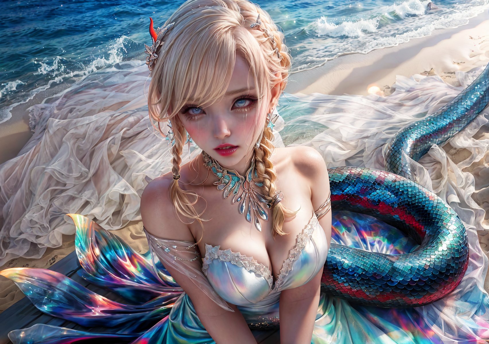 a girl, blonde hair, long hair, snake braid and reverse braids, voluptuous, big breasts, demon eyes, vermilion eyes, eyeliner, blush, crimson lips, mermaid ears, earrings, charms, rings, bracelets, cold silk dress, white dress, wedding dress, sitting, sitting on the sand, noble, night, crying, high heels