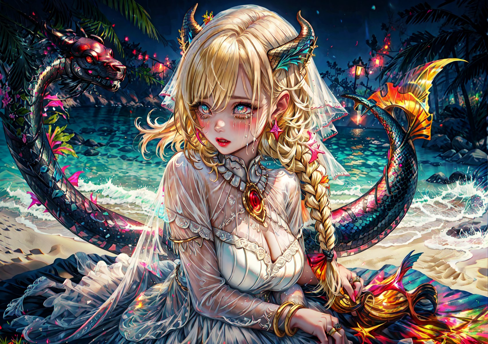 a girl, blonde hair, long hair, snake braid and reverse braids, voluptuous, big breasts, demon eyes, vermilion eyes, eyeliner, blush, crimson lips, mermaid ears, earrings, charms, rings, bracelets, cold silk dress, white dress, wedding dress, sitting, sitting on the sand, noble, night, crying, high heels