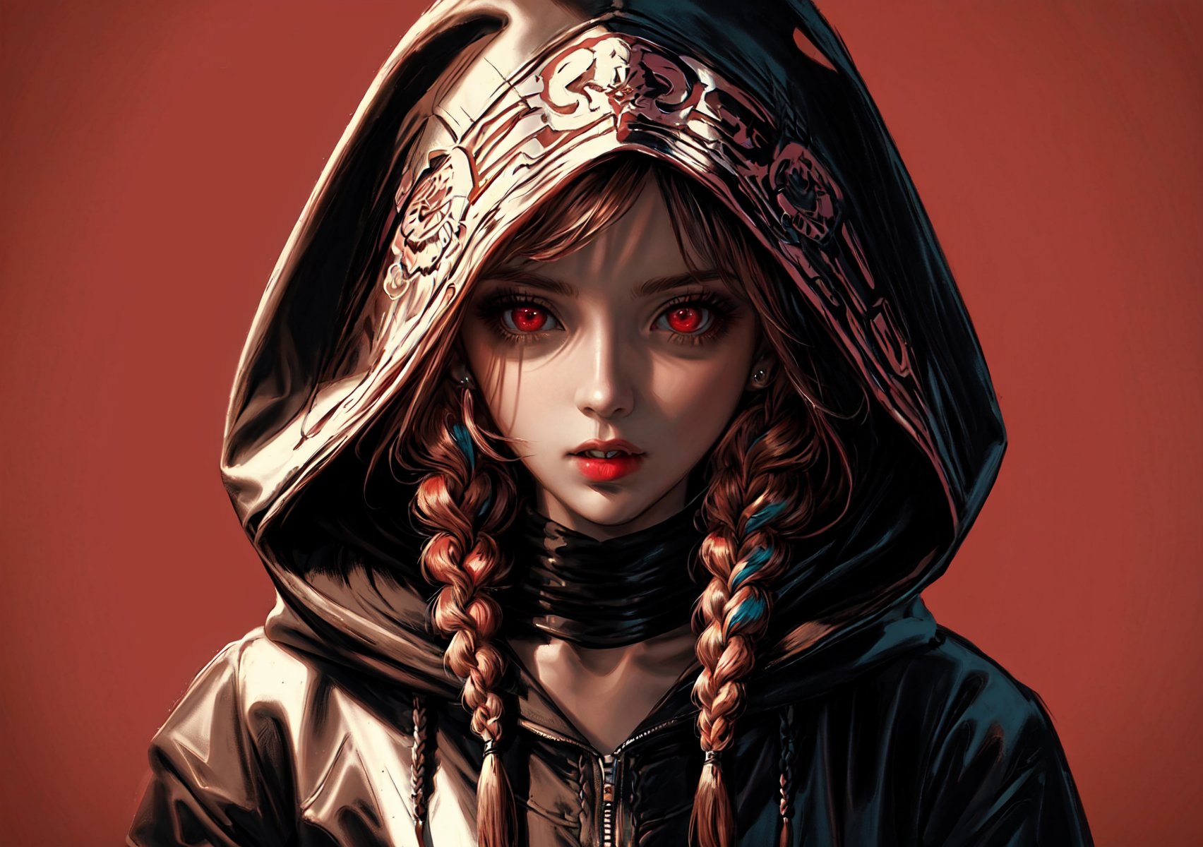 masterpiece, top quality, best quality, official art, beautiful and aesthetic, 1 woman, extremely detailed, colorful, most detailed, ppcp, monochromatic, black, brown, red, dynamic pose, braids, hood,