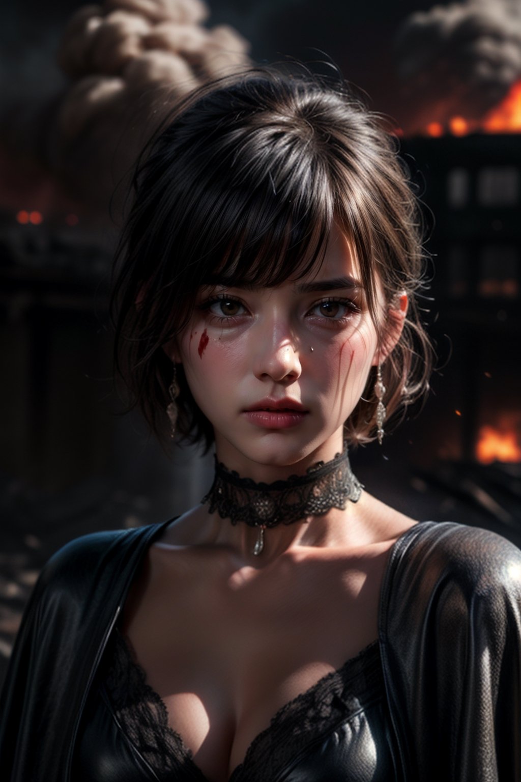 ((8k, photorealistic, hyperrealistic, intricate details)) the face of a beautiful heroine with short straight hair with bangs, full lips, silky skin, beautiful eyes, wearing earrings, choker, cape, face stained with blood, makes a sad face, crying, and in the background there is a city in ruins on fire , gray and black smoke.