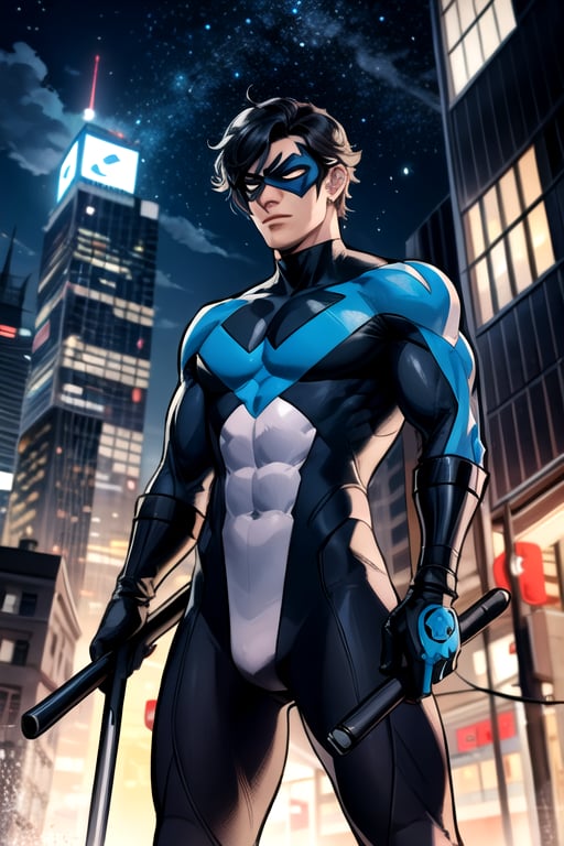 Nightwing, mask, black hair,  ultra-detailed art illustration, muscular  , city ​​at night, nightwing