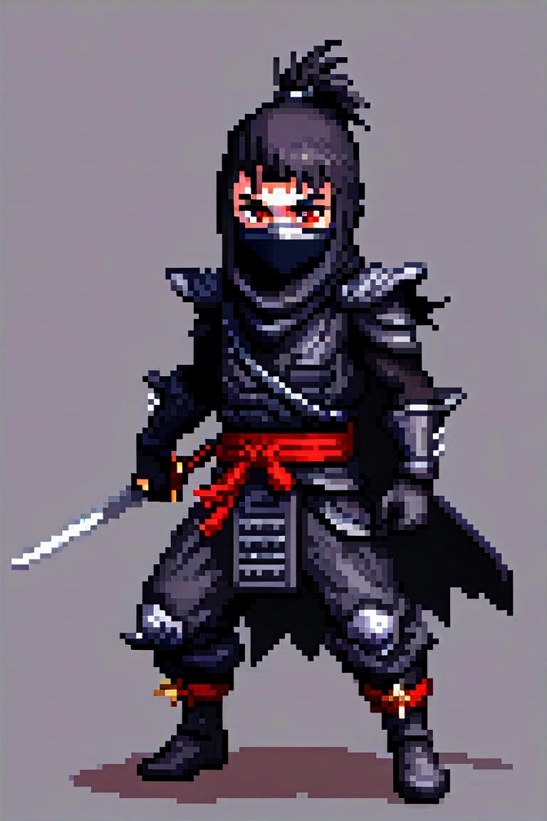 pixel art, ultra detailed, masterpiece,full body action pose portrait of Shadow, wears a black ninja outfit consisting of spiked shoulderpads, a sash on his waist, and a cowl that conceals his face but for his red eyes, He wears an armored band around his cowl with a crest above his eyes, and two spikes emerge from the sides