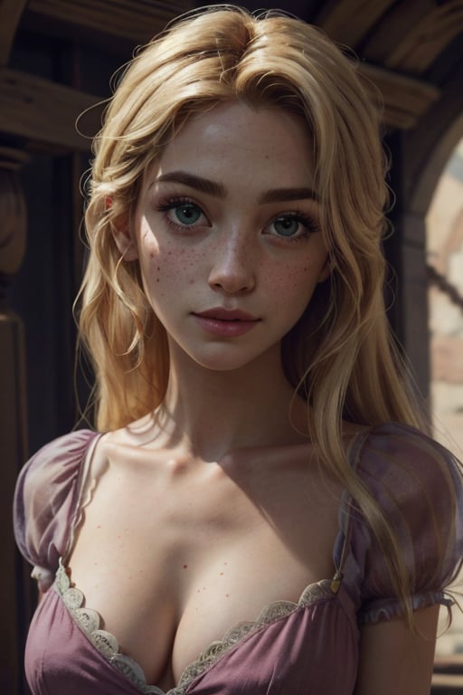 Rapunzel, long blonde hair, beautiful green eyes, freckles,  perfect breasts, sagging chest, huge chest, soft natural lighting, smooth soft skin, symmetrical, natural skin texture, soft lighting, detailed face, photo realism, soft pastel colors sparkling, looking into camera, photorealistic painting, sharp focus, 8k, perfect composition, trending on artstation, award-winning photograph, unreal engine 5, cinematic smooth, intricate detail, studio photo, highly detailed. simple background.