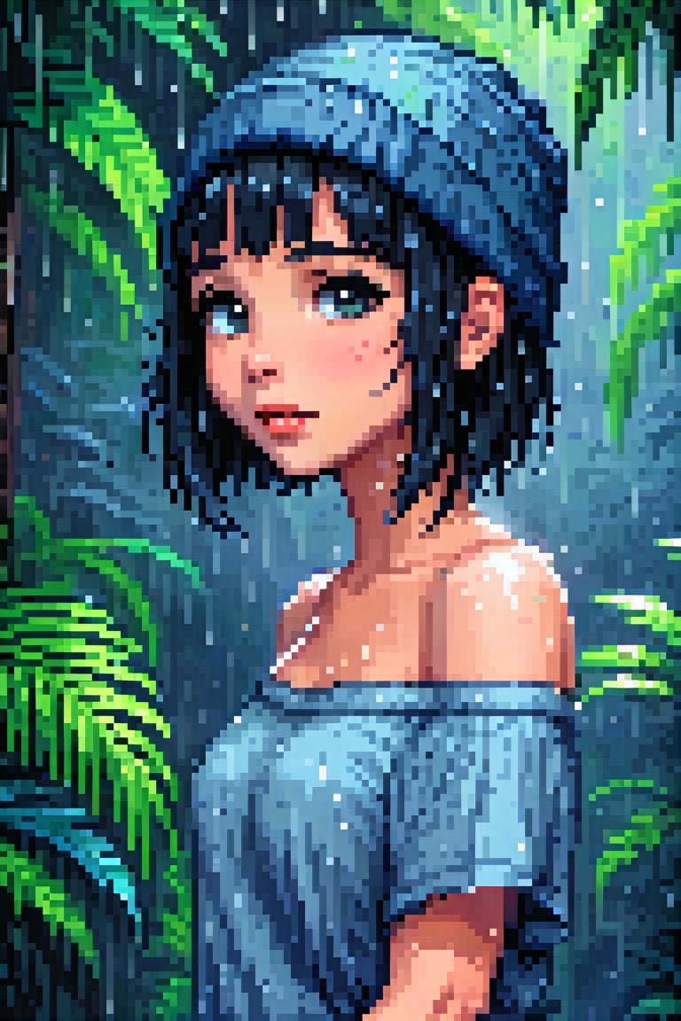 pixel art, pixel sorting, masterpiece, cute girl portrait, heavy rain in a tropical forest, gray blue atmosphere, 1girl, loose shirt, shoulder less, off shoulder, covered nipples, beanie cap, lips, nose, black hair, short hair, black background, seductive smile