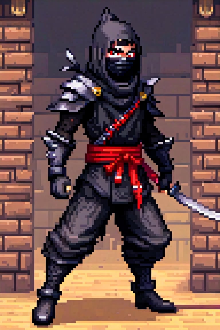 pixel art, ultra detailed, masterpiece,full body action pose portrait of Shadow, wears a black ninja outfit consisting of spiked shoulderpads, a sash on his waist, and a cowl that conceals his face but for his red eyes, He wears an armored band around his cowl with a crest above his eyes, and two spikes emerge from the sides