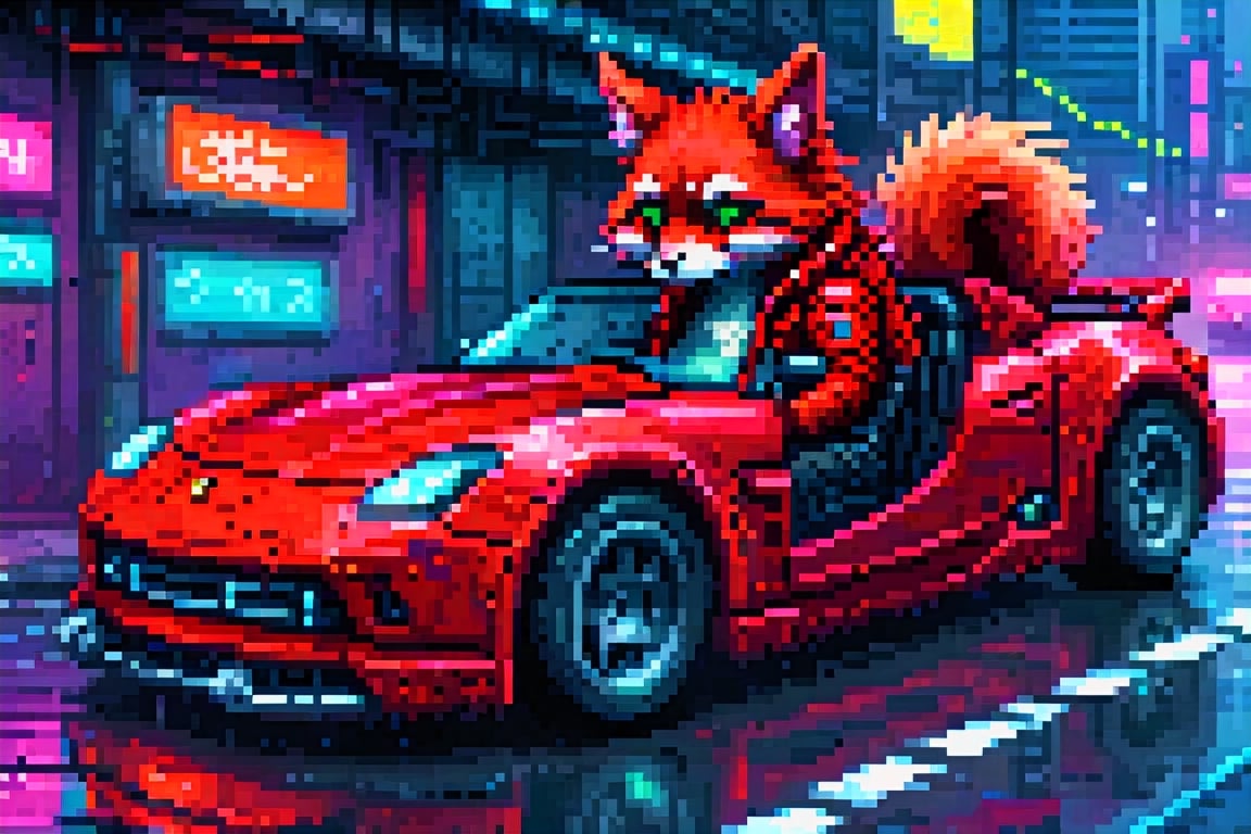 pixel art, digital oil pastel on canvas, animal, furry, upper body of a cyberpunk red sportscar, driving the vehicle