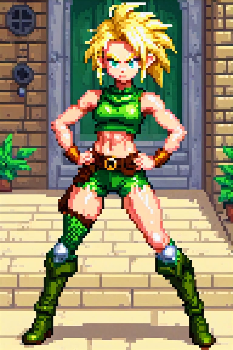 1girl, Pixel Art, pixel, 32 bits, short blonde bob haircut, skin tight tanktop, navel, short cutoff shorts, knee-high socks, combat boots, super saiyan hair, beautiful Bikini Elf Girl, green metal armor, (long blonde hair), hands on hips, athletic body, Italian girl