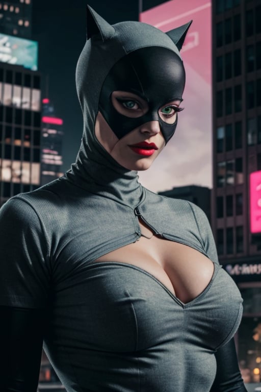 Catwoman, mask, green eyes, Pink lipstick, ultra-detailed art illustration,  huge chest, sagging chest, ,night city, ,perfecteyes