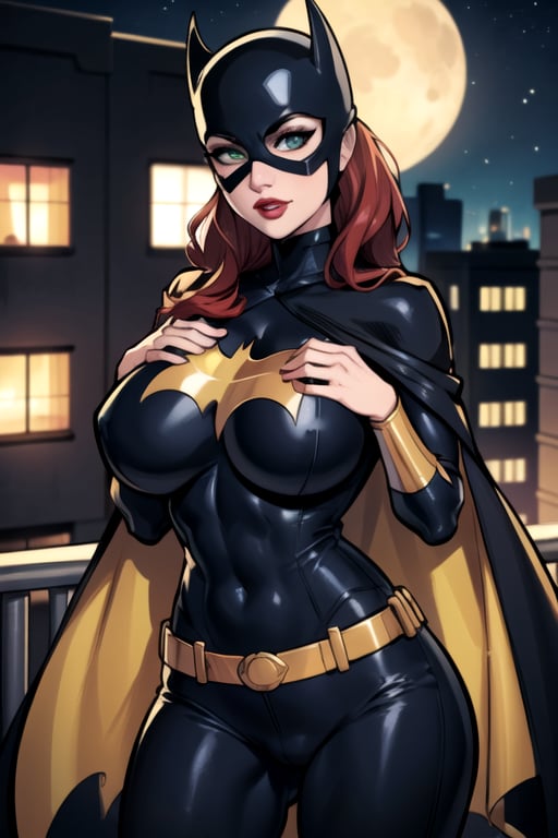 Batgirl, mask, red hair, green eyes, Red lipstick, ultra-detailed art illustration,  huge chest, sagging chest, sexy costume, night city on top of a building, ,batgirl, yellow cape ,Detailedface,perfecteyes