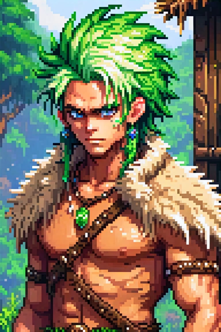 pixel art, ultra detailed, masterpiece,a savage male with spiky green hair, wearing loin cloth and animal fur shirt, fantasy style