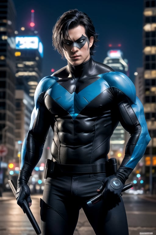 Nightwing, mask, black hair,  ultra-detailed art illustration, muscular  , city ​​at night, nightwing, holding two electrified batons