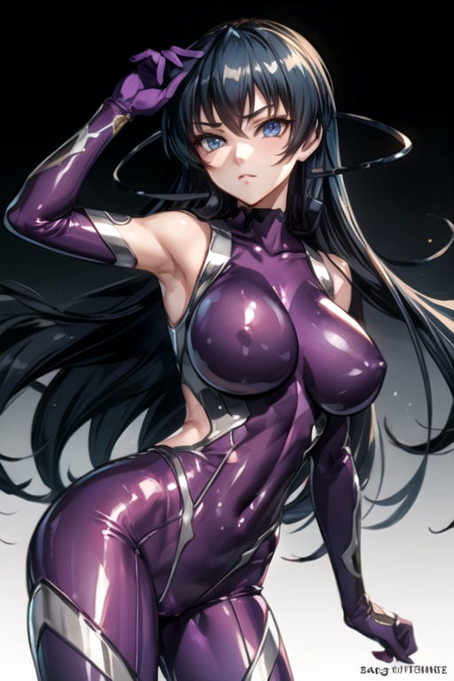 1girl, asagi, long hair, blue eyes, ultra-detailed art illustration, perfect breasts, sagging chest, purple gloves, skin tight, shiny clothes, impossible bodysuit, purple bodysuit, sleeveless, 