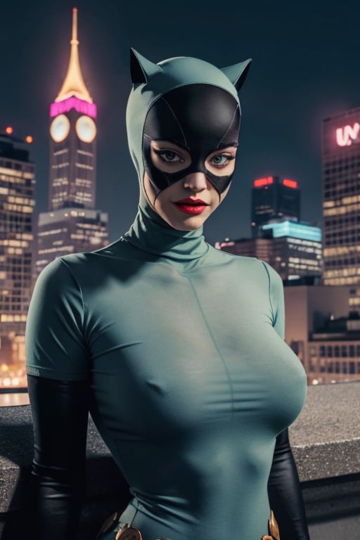 Catwoman, mask, green eyes, Pink lipstick, ultra-detailed art illustration,  huge chest, sagging chest, ,night city, 