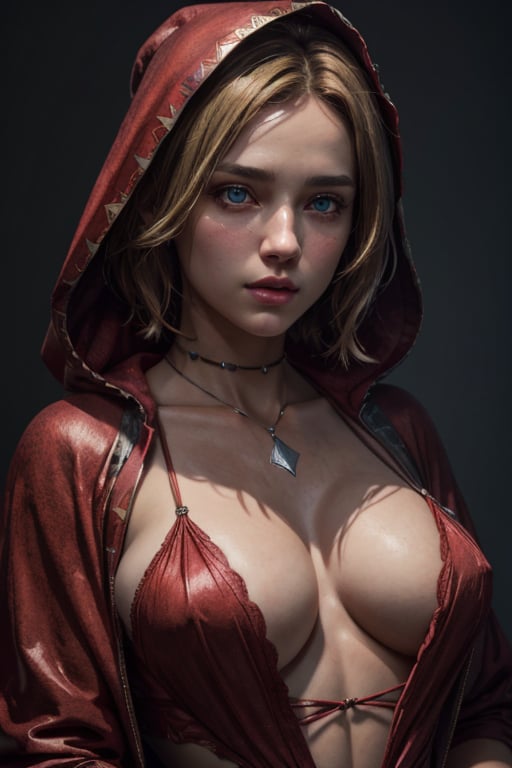 little Red Riding Hood, short blonde hair, beautiful blue eyes, perfect breasts, sagging chest, huge chest, soft natural lighting, smooth soft skin, symmetrical, natural skin texture, soft lighting, detailed face, photo realism, soft pastel colors sparkling, looking into camera, photorealistic painting, sharp focus, 8k, perfect composition, trending on artstation, award-winning photograph, unreal engine 5, cinematic smooth, intricate detail, studio photo, highly detailed. simple background.