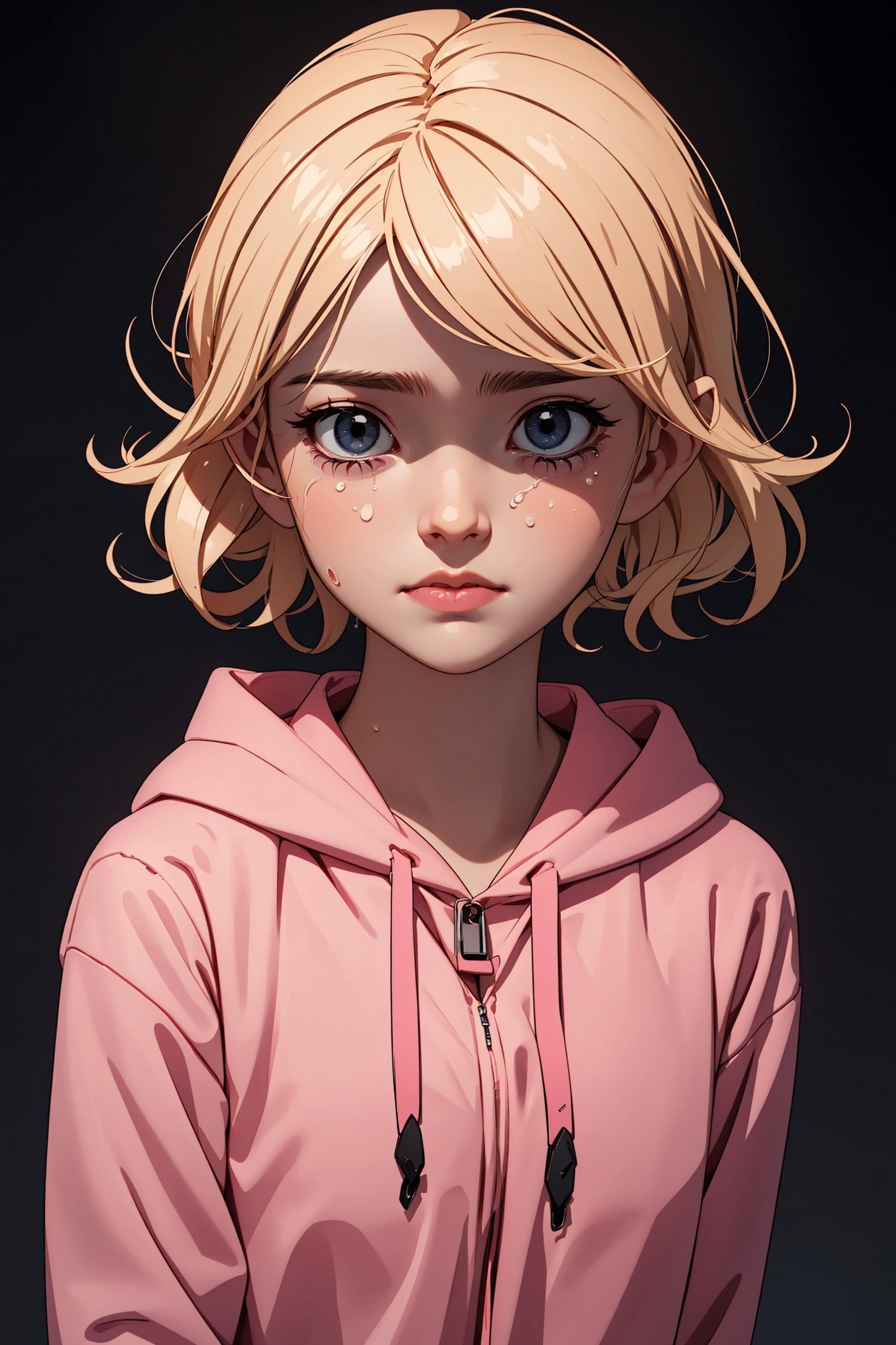 masterpiece, best quality,a sad blonde little girl with blonde hair crying with tears wearing pink hoodie, black background,3DMM