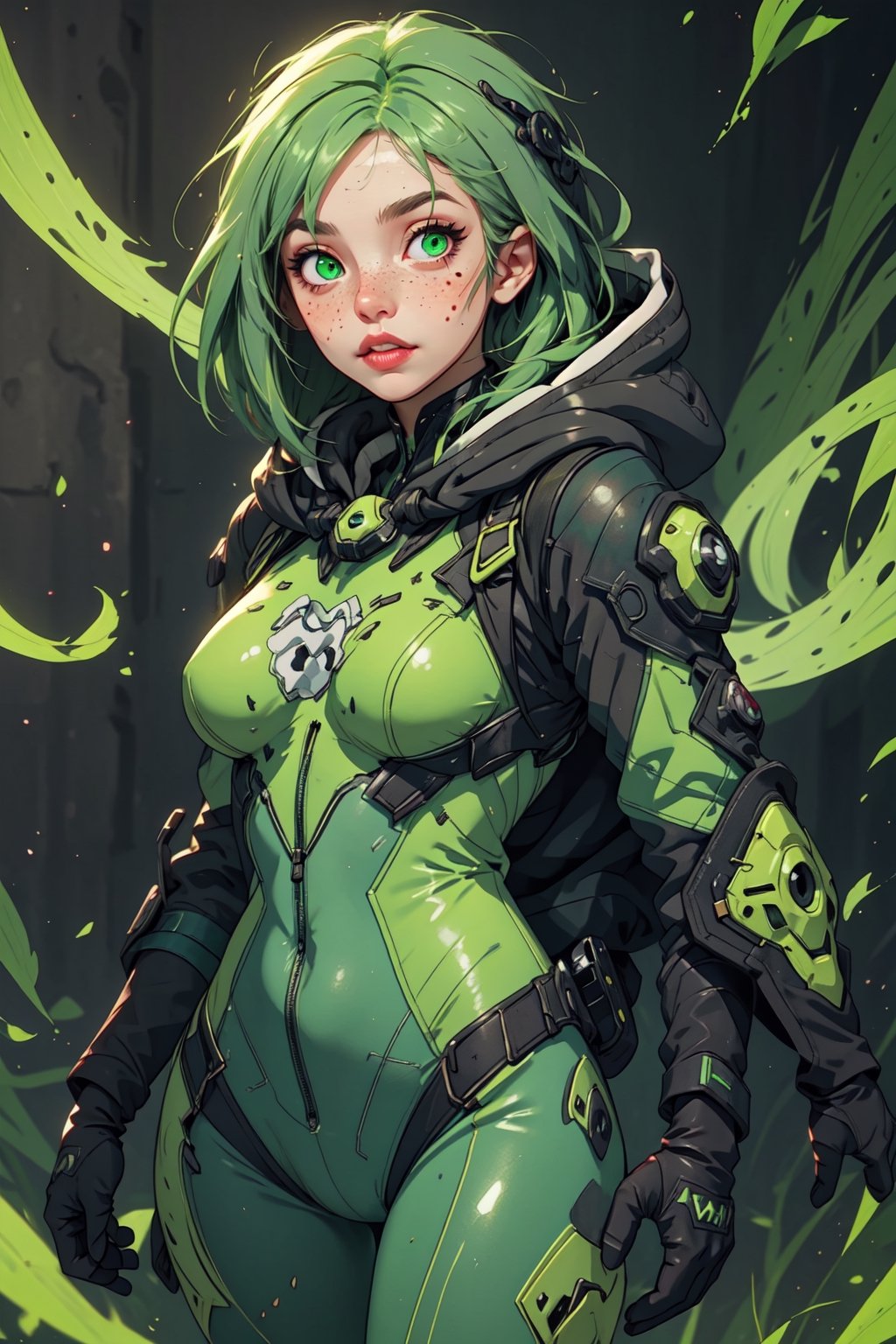 solo, gloves, 1girl, green eyes, unreal engine focus, green hair, white gloves, hood, bodysuit, mask, hood down, freckles, green bodysuit, billie blad4, High detailed 