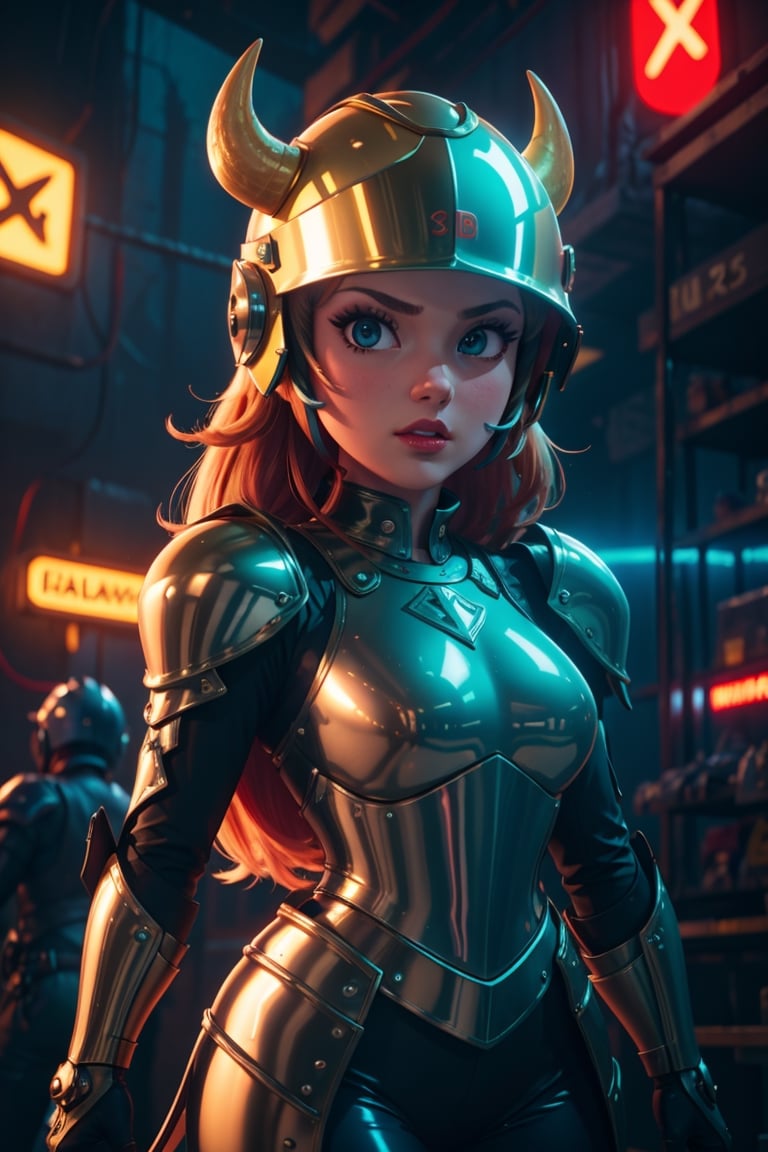 Princess peach Knight, neon lights on armor, buffalo-shaped helmet, detailed, natural shading, rendered with unreal Engine 5,in the style of SM,