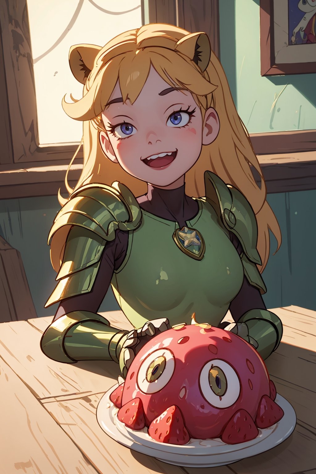 star butterfly, highres, masterpiece, perfect lighting, bloom, cinematic lighting, adult, perfect skin, female, looking at viewer, , ahegao, plaguemarine🍓, armor, power armor, Lion, slime, smile, , Rolling eyes