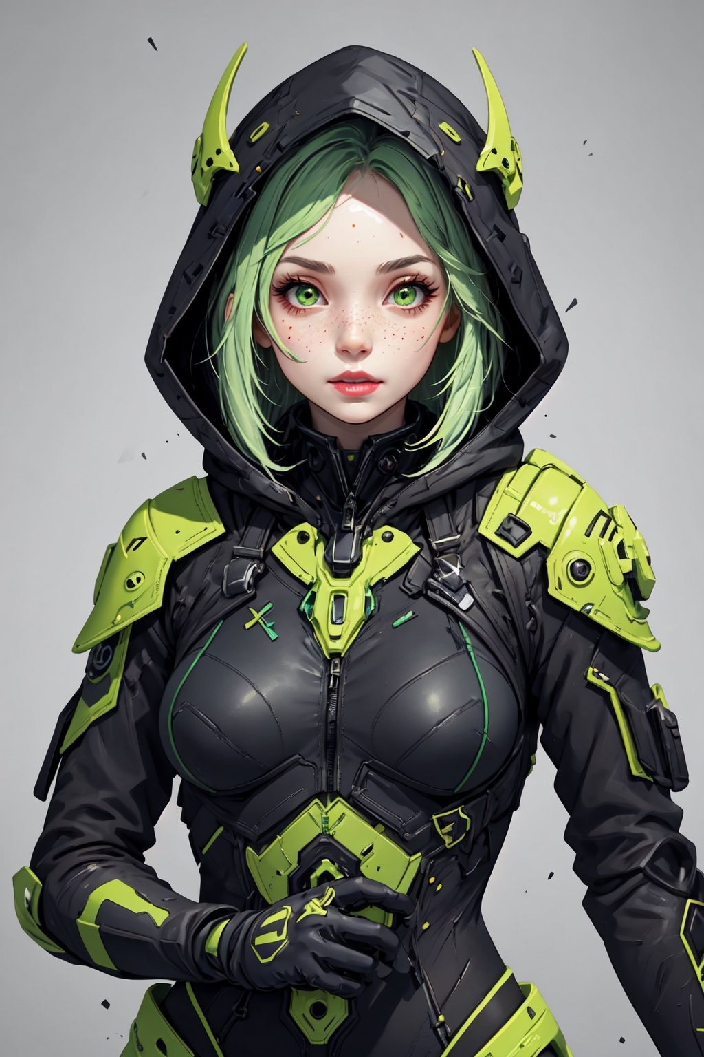 solo, gloves, 1girl, green eyes, unreal engine focus, green hair, white gloves, hood, bodysuit, mask, hood down, freckles, green bodysuit, billie blad4, High detailed 