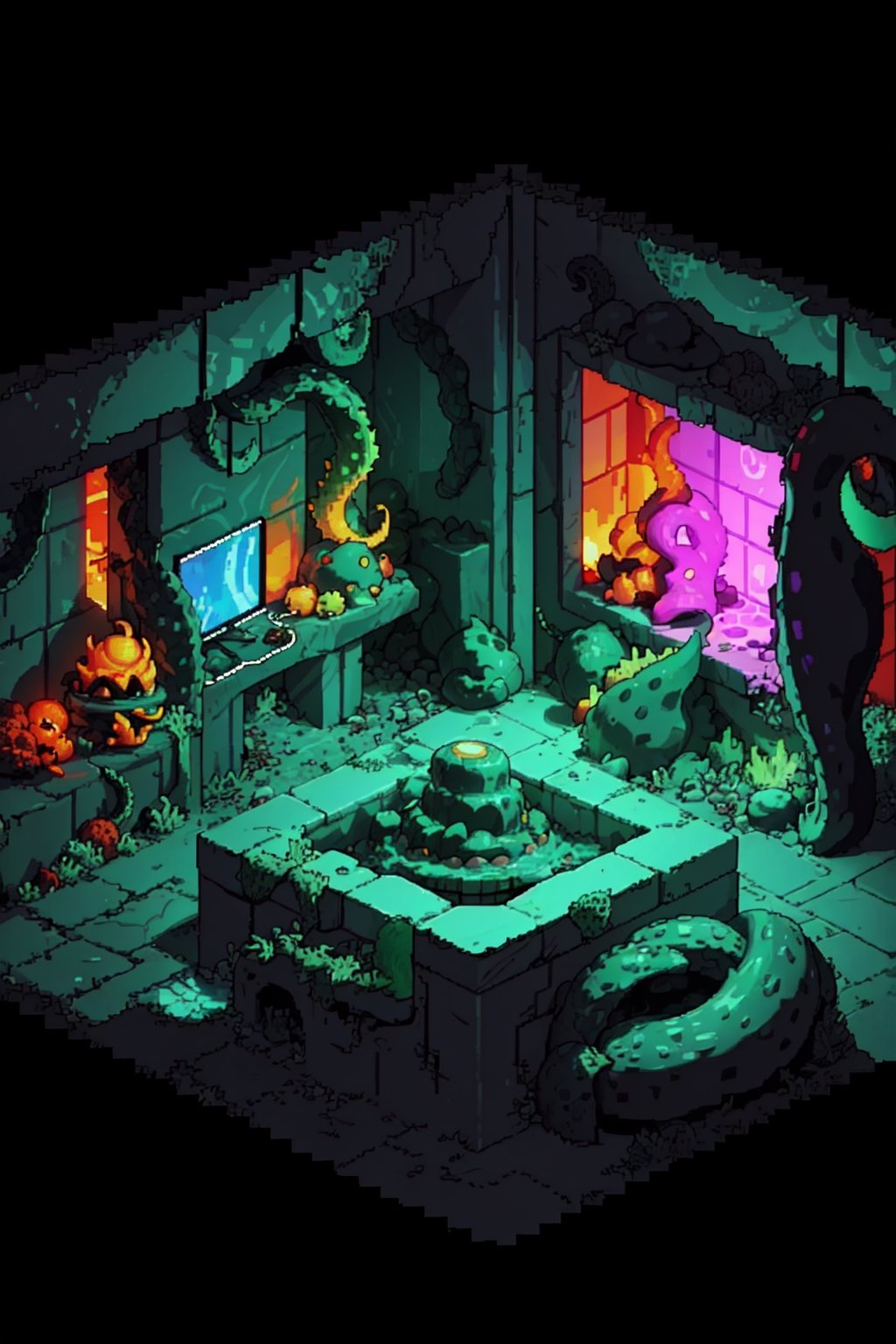 pixel video game dungeon, shader volume:1.11, HD levelUP, tentacles, , pix4