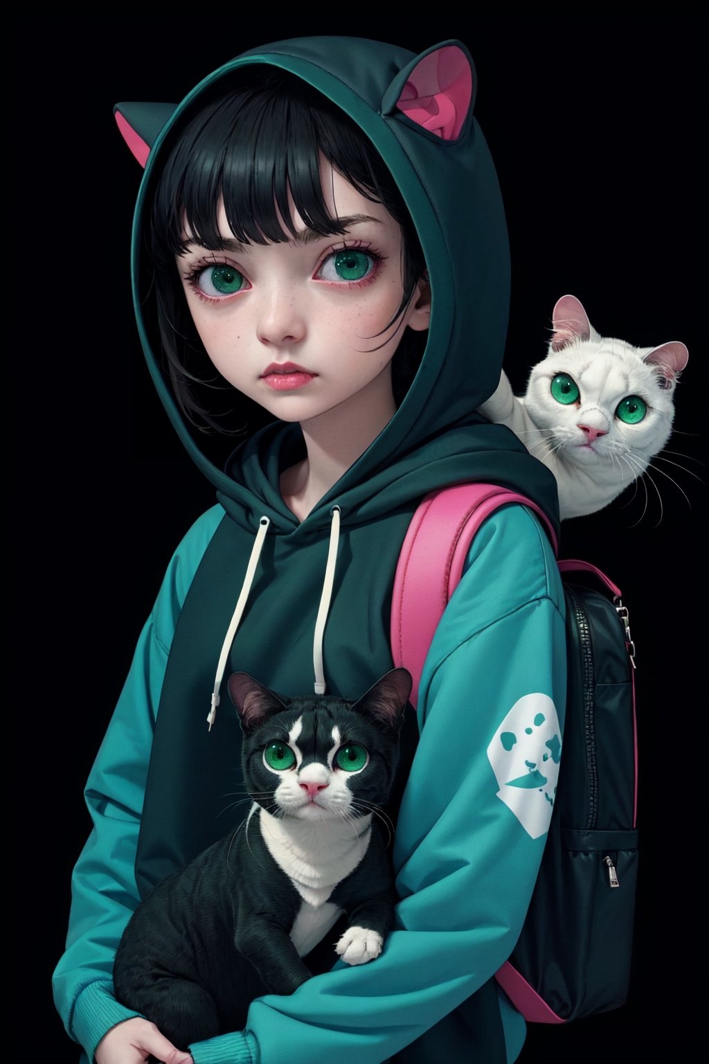 1girl, solo, looking at viewer, short hair, bangs, black hair, long sleeves, animal ears, green eyes, upper body, cat ears, hood, bag, hoodie, cat, backpack, black background, hood up, multicolored eyes, black hoodie