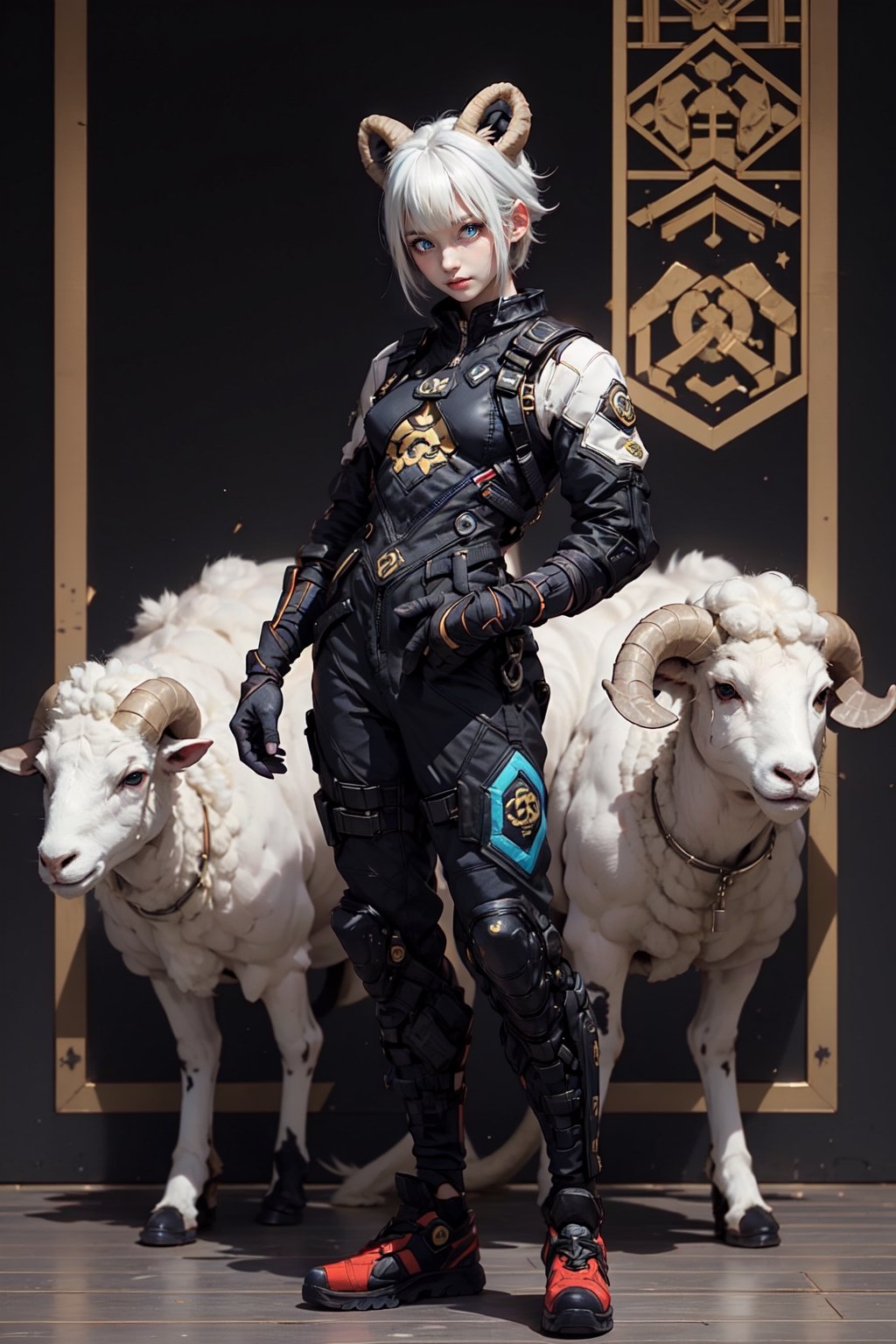 1girl, solo, looking at viewer, short hair, bangs, blue eyes, real- , holding, animal ears, standing, full body, white hair, horns, fingerless gloves, bodysuit, animal, science fiction, chinese zodiac, sheep horns, sheep, blad4