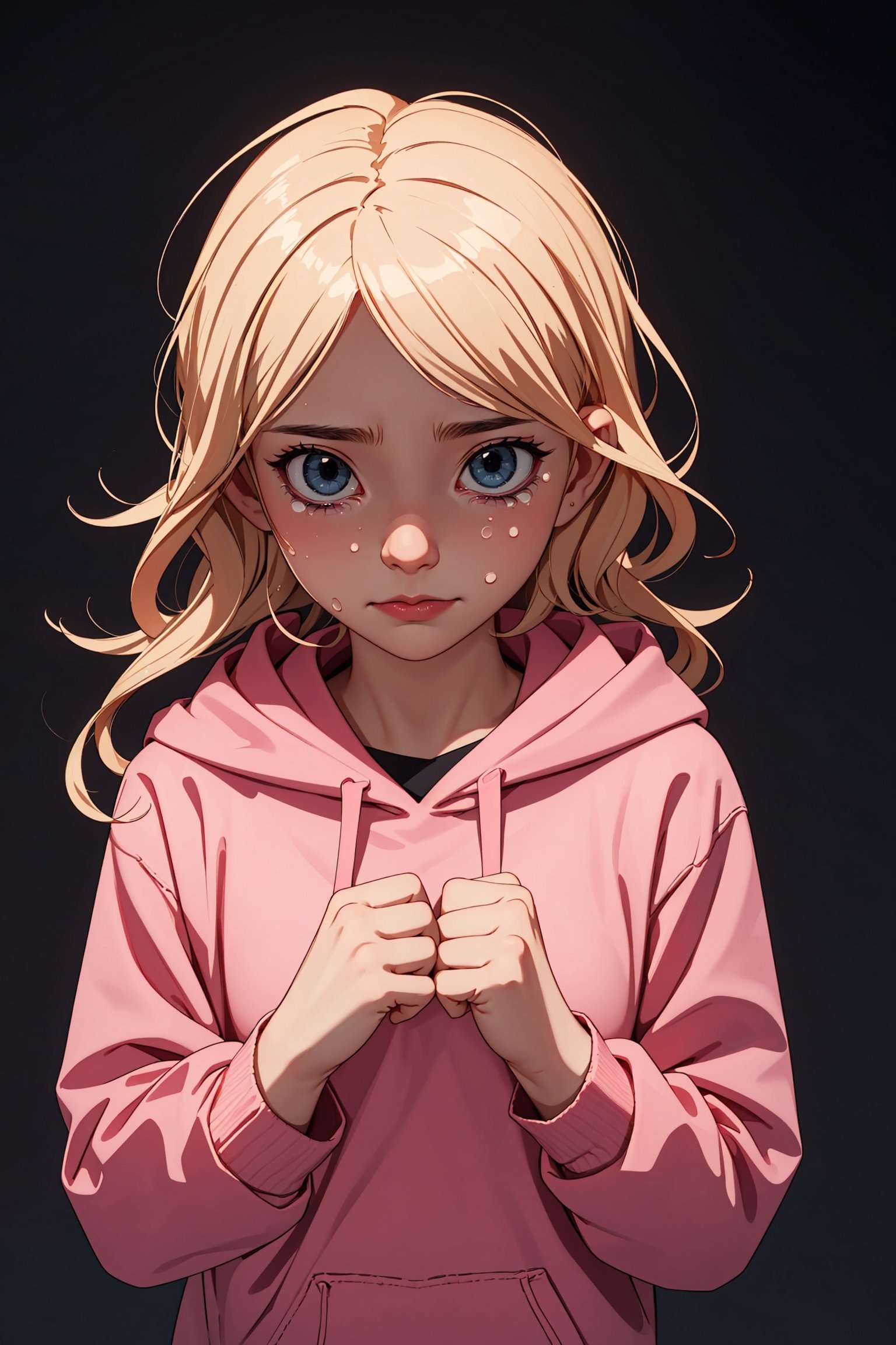 masterpiece, best quality,a sad blonde little girl with blonde hair crying with tears wearing pink hoodie, black background,3DMM