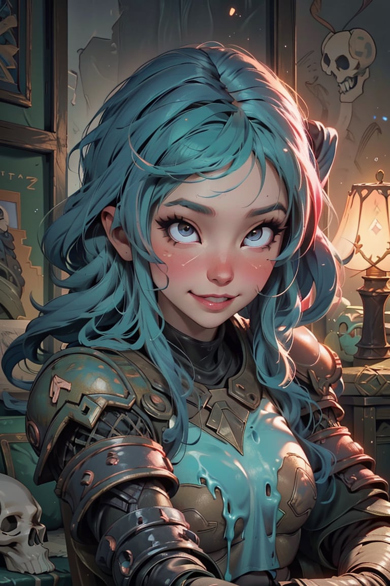 highres, masterpiece, perfect lighting, bloom, cinematic lighting, adult, perfect skin, female, looking at viewer, belle delphine, ahegao, plaguemarine, armor, power armor, skull, slime, smile, slime on face,   ,Rolling eyes