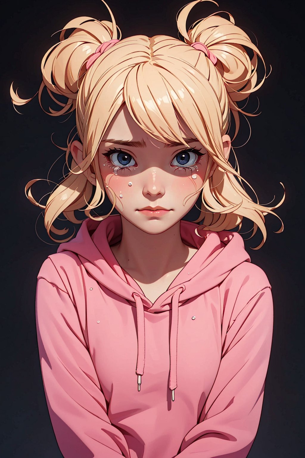 masterpiece, best quality,a sad blonde little girl with blonde hair crying with tears wearing pink hoodie, black background,3DMM