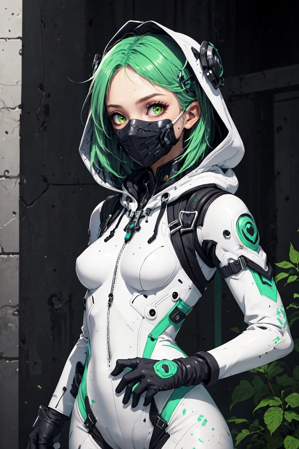 solo, gloves, 1girl, green eyes, unreal engine focus, green hair, white gloves, hood, bodysuit, mask, hood down, freckles, green bodysuit, billie blad4, High detailed 