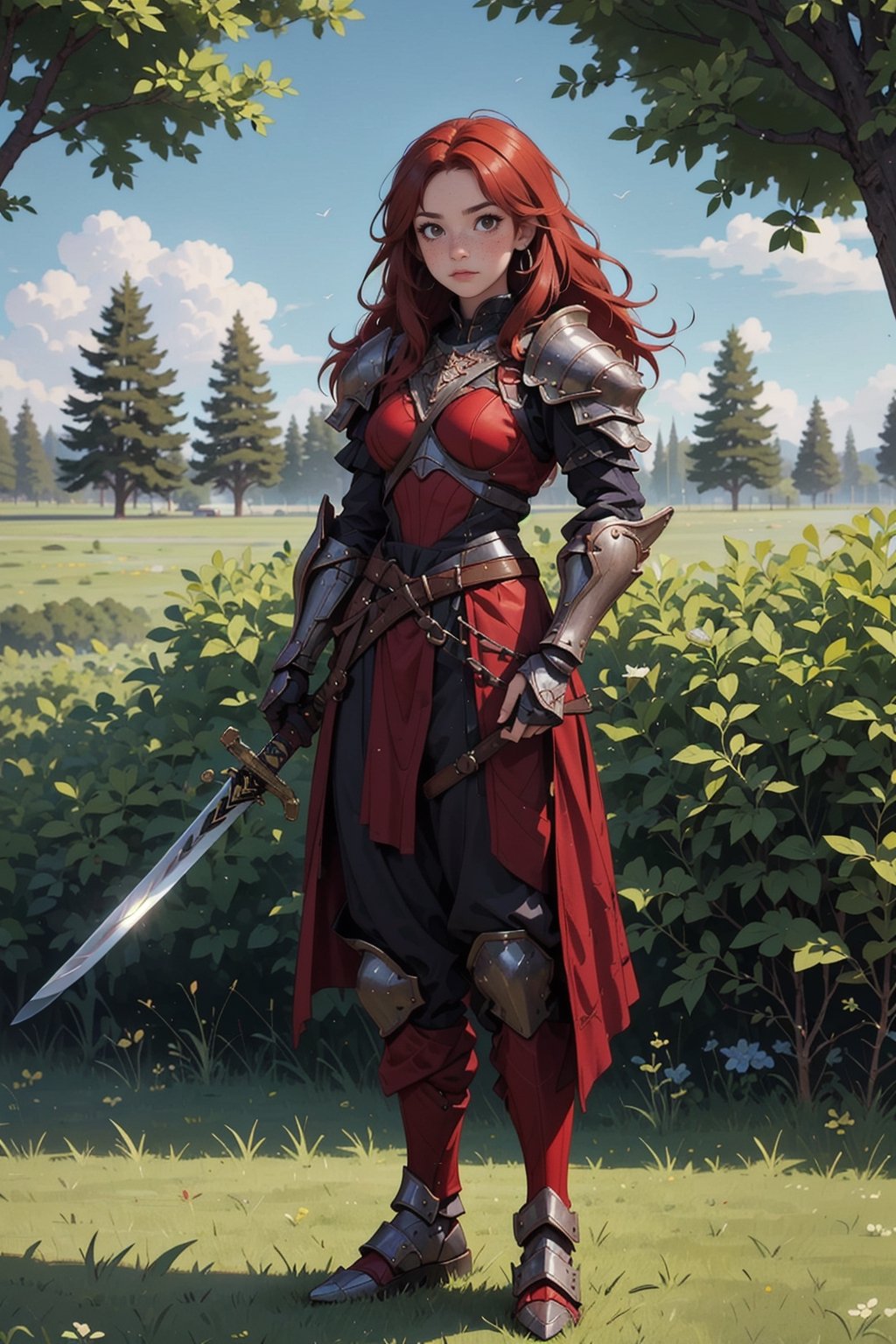 1girl, solo, long hair, looking at viewer, blush, holding, brown eyes, standing, full body, weapon, flower, red hair, sword, holding weapon, armor, tree, holding sword, grass, gauntlets, freckles, breastplate, greaves, planted, knight, planted sword, chainmail, plate armor,