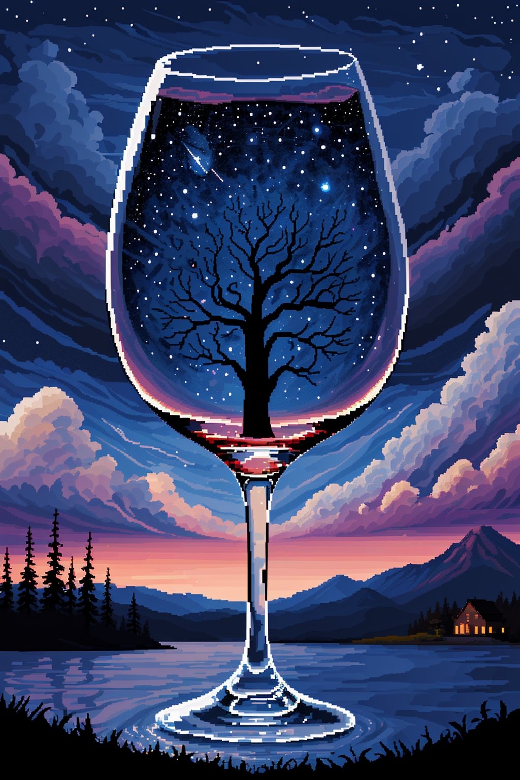 EpicArt, outdoors, sky, cloud, water, tree, no_humans, night, traditional_media, cloudy_sky, star_(sky), nature, night_sky, scenery, starry_sky,Science Fiction,RING,Wine glass,pixel_art
