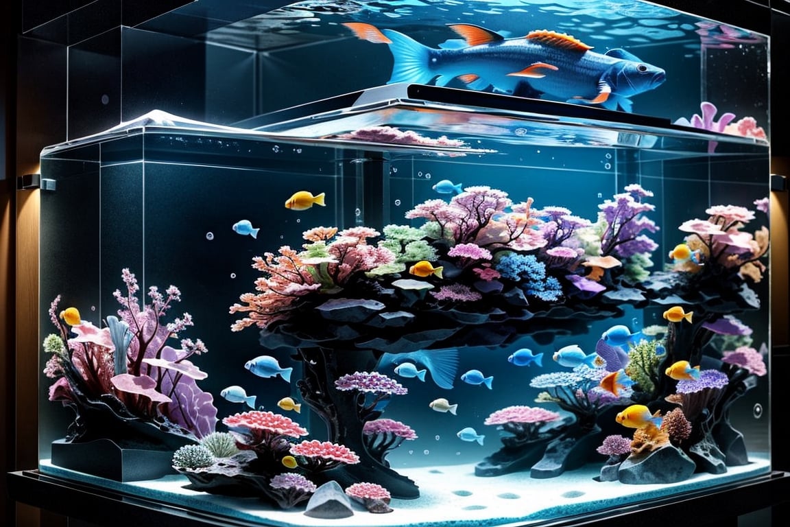 ((high quality)), ((excellent details)),urban super detailed aquarium with water and starry design, futurist, ,in an urban background,epic view, colorful,3d style,3d,lofi,luxtech,mini\(ttp\),yofukashi background,glasstech,urban techwear